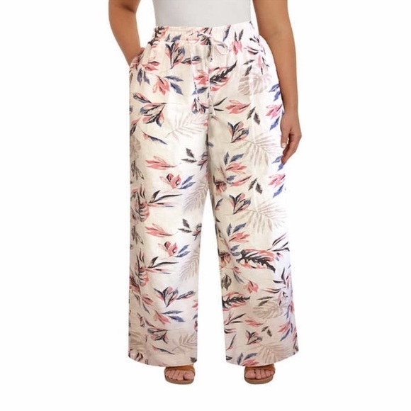 Briggs Pants Size Large Pink Floral Elastic Pull On Wide Leg Linen Size XL - Picture 1 of 16